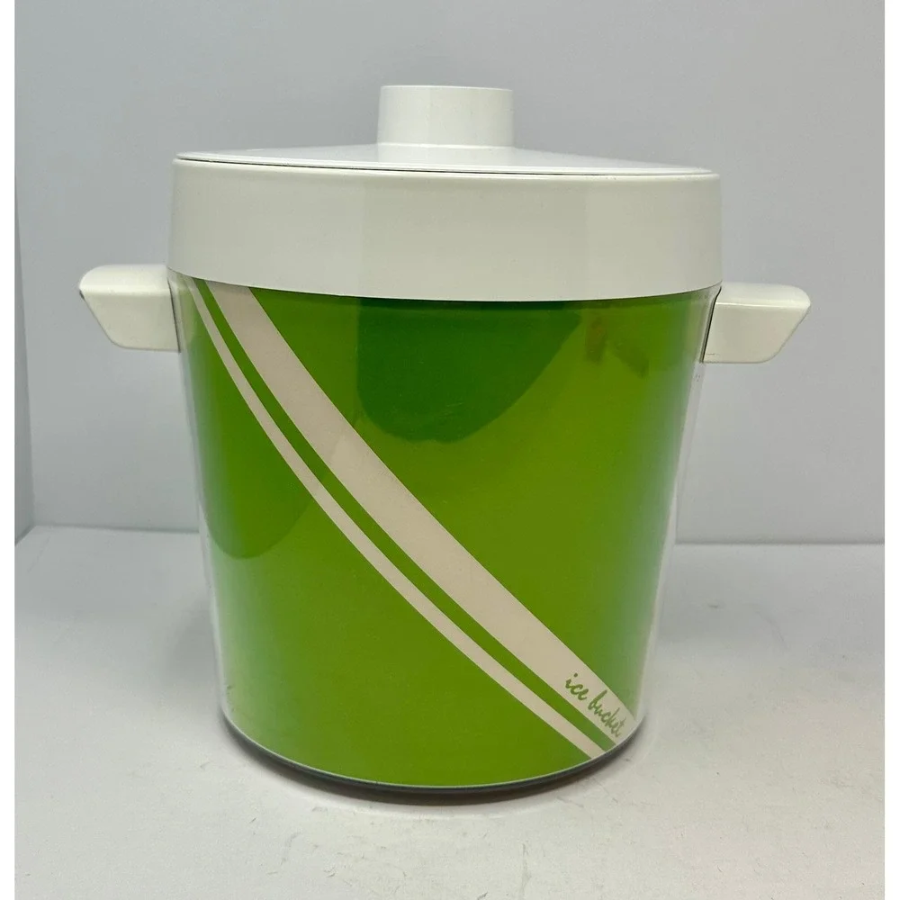 Vintage Lime Green Plastic Insulated Ice Bucket with Lid and Racing Stripe Retro